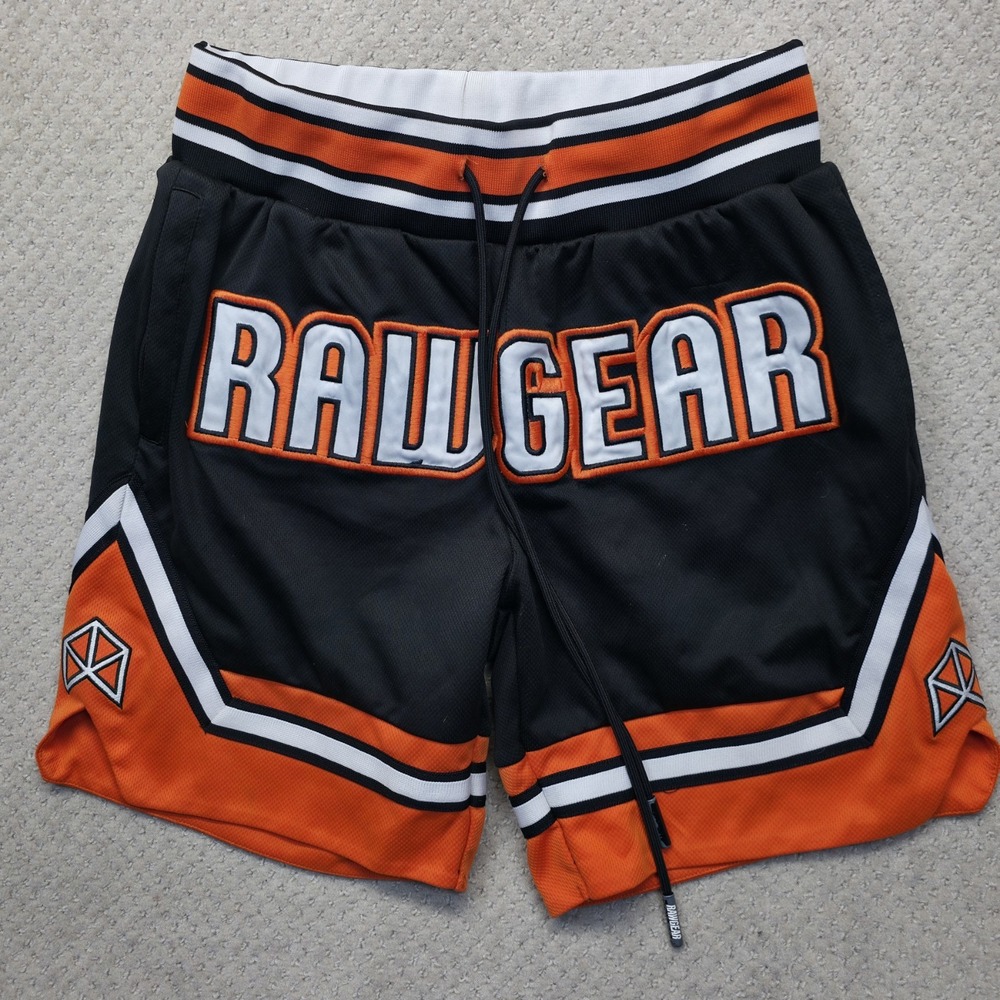 Rawgear Athletic‎ Basketball Shorts Mens Medium Black Orange Stitched Logo Gym